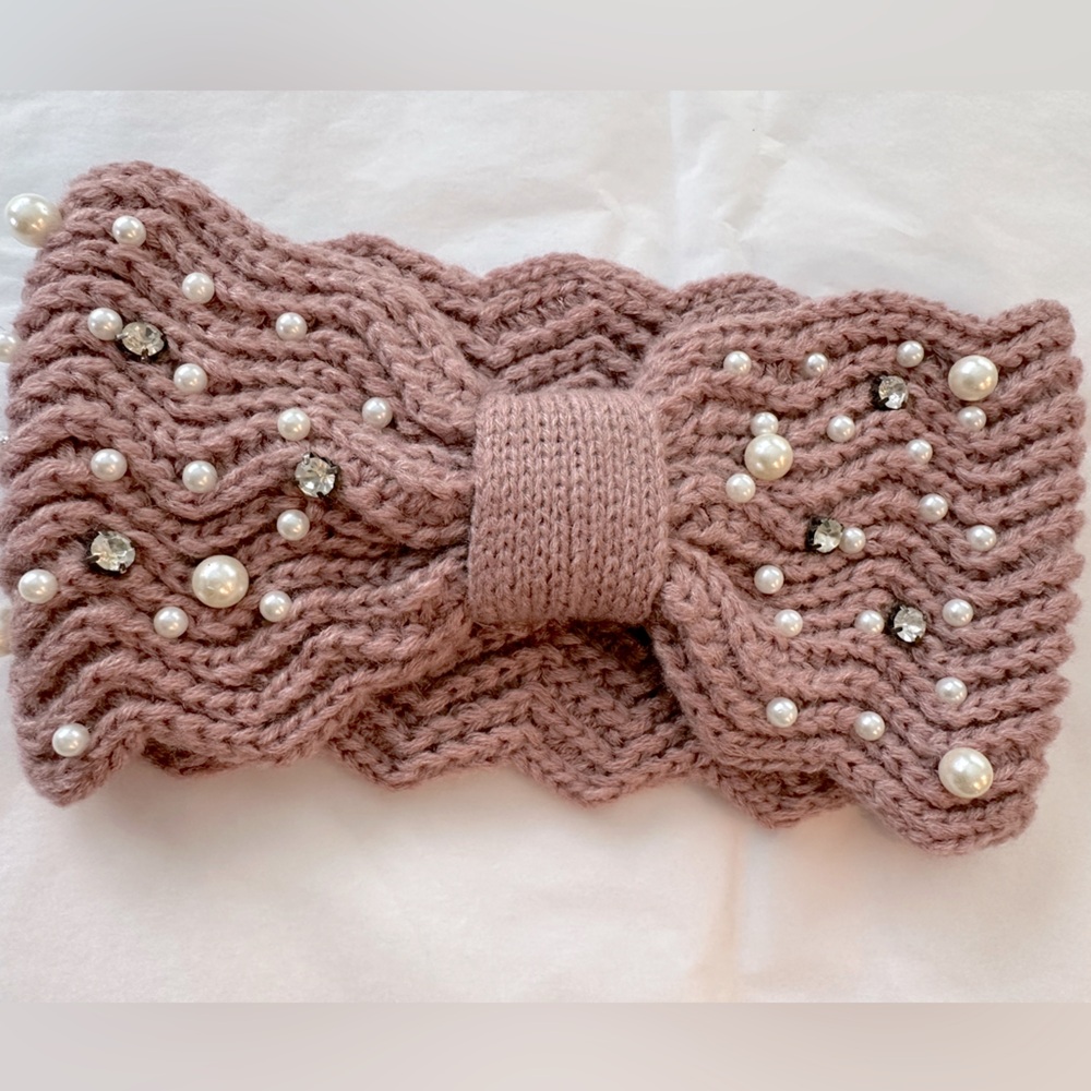 Mauve Knit Headband with Pearl and Rhinestone Embellishments